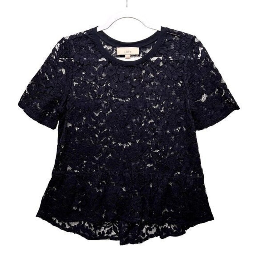 LOFT Womens Tops Size S Navy Lace Short Sleeve